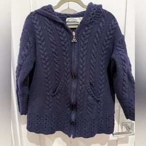 Aran Crafts chunky cable knit sweater jacket, navy blue 100% merino wool XXL